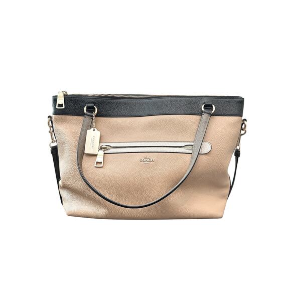 COACH | Pebbled Leather Colorblock Tote Bag F57496 Black Beige Cream - Picture 1 of 10